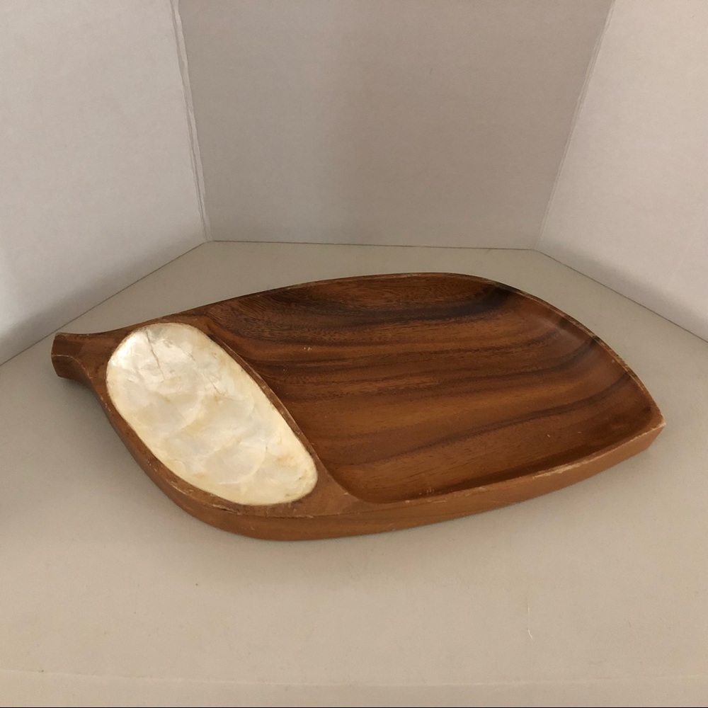 Vintage MonkeyPod Wood Tray Shell Inlay
